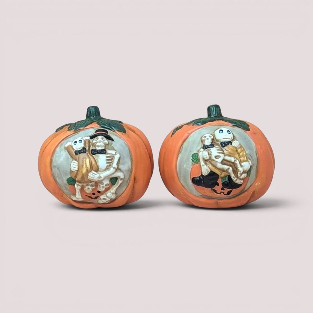 Vintage Ceramic Pumpkin Skeleton Tealight Candle Holder Set
